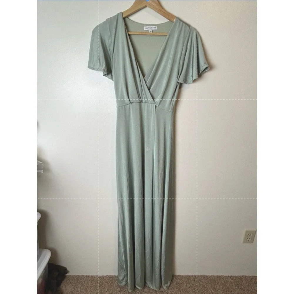 Baltic Born Monica Maxi Dress V-Neck‎ Flutter Sleeve Sage Green Size XS